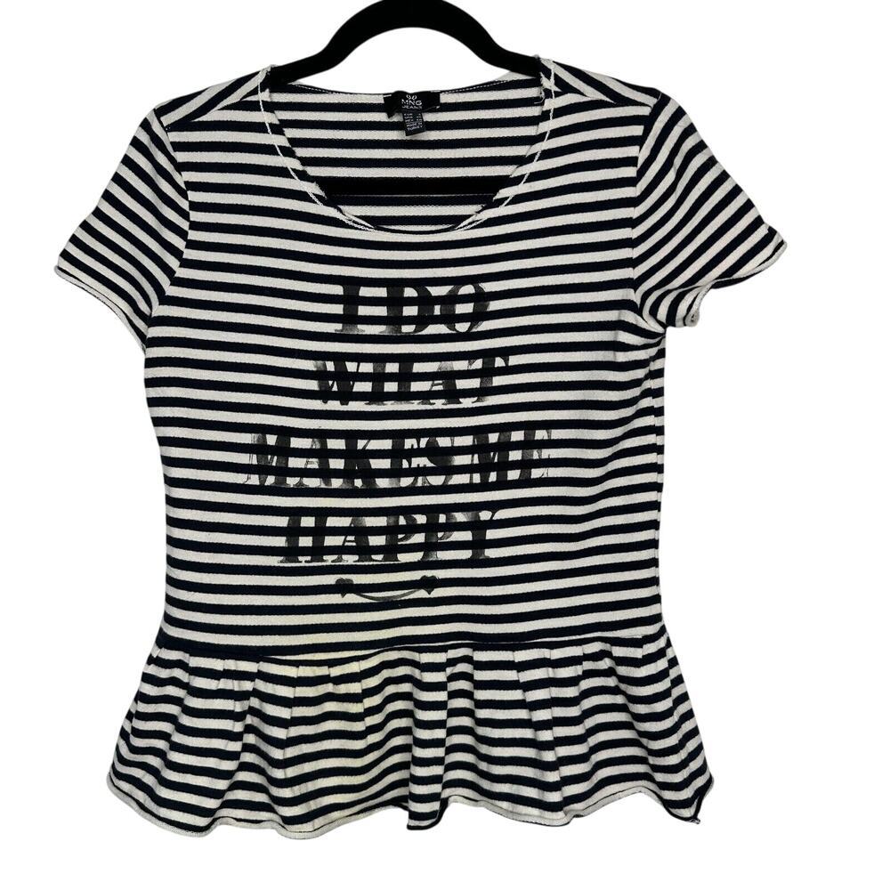 MNG Mango Black White Stripe I Do What Makes Me Happy Short Sleeve Ruffle Tee SM